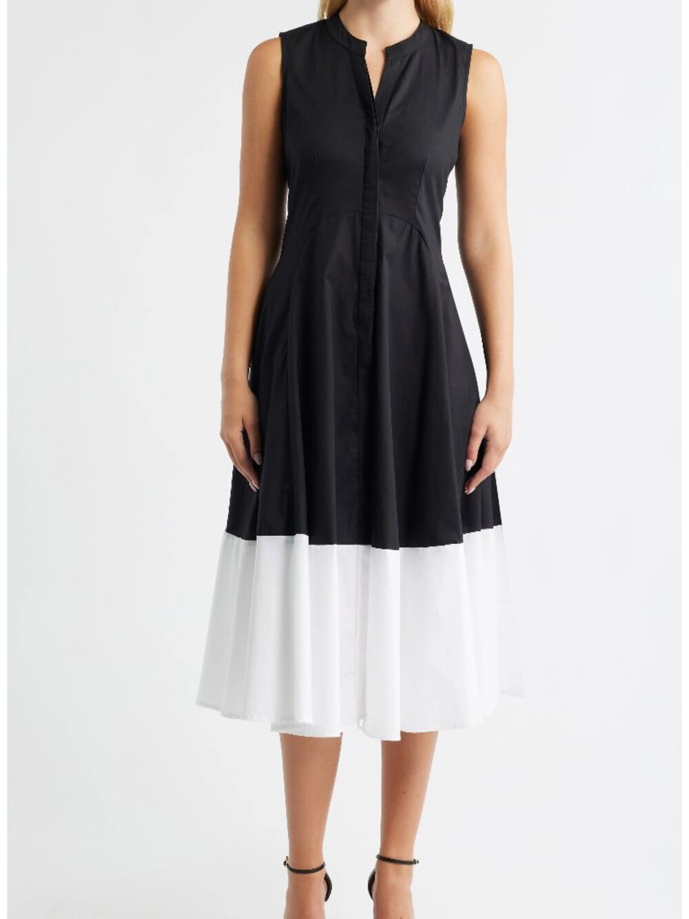 Halogen Minimalist Black & White Colorblock Cotton Poplin Midi Dress Small